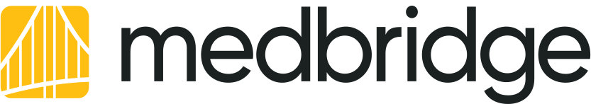 Medbridge logo with black text and a yellow abstract design.
